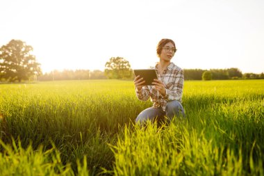 Akıllı çiftlik. Yeşil tarlada tabletli bir kadın çiftçi. Modern dijital teknolojiler. Çiftlikteki tarımcı. İş Çiftliği.