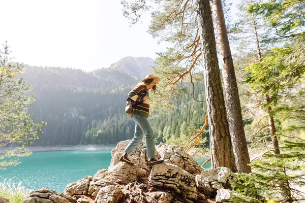 Wanita Petualang Merasa Bahagia Antara Gunung Gunung Yang Menakjubkan Hutan — Stok Foto