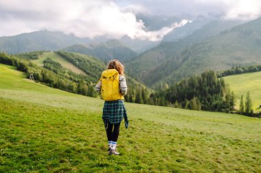 Sırt çantalı genç kadın doğa vadisine, dağlara ve sakin gündoğumuna bakıyor. Seyahat, doğa konsepti..