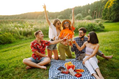 Piknik partisinde bira içerken eğlenen bir grup genç. Arkadaşlar güneşli günün tadını çıkarırlar. Tatil, hafta sonu, arkadaşlık ya da bayram konsepti.