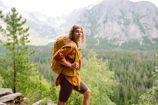 Portrait Successful Tourist Mountain Enjoying Freedom Concept Trekking Active Lifestyle Stock Photo