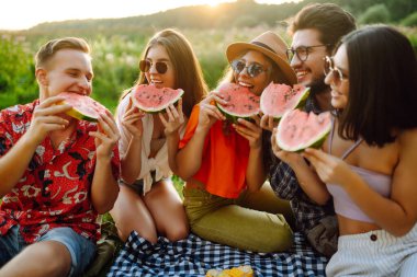 Bir grup arkadaş piknikte karpuz yerken eğleniyorlar. Gıda, seyahat, doğa ve tatil kavramı