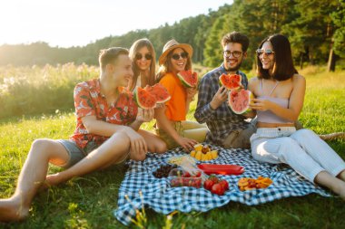 Bir grup arkadaş piknikte karpuz yerken eğleniyorlar. Gıda, seyahat, doğa ve tatil kavramı