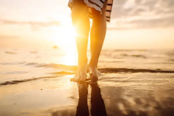 Slim Female Legs Feet Walking Sea Water Waves Sandy Beach Stock Picture