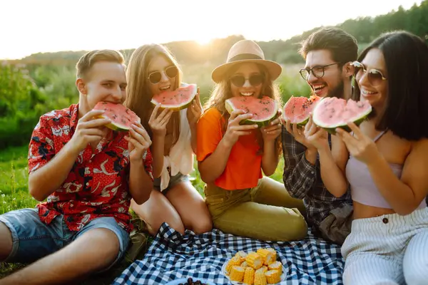 Grupa Przyjaciół Dobrze Się Bawiących Jedząc Arbuza Pikniku Świeżym Powietrzu Zdjęcia Stockowe bez tantiem
