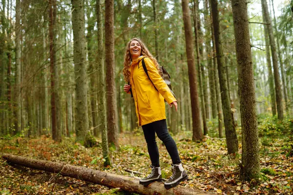 Happy Female Tourist Walk Autumn Forest Nature Trips Active Lifestyle Fotografias De Stock Royalty-Free