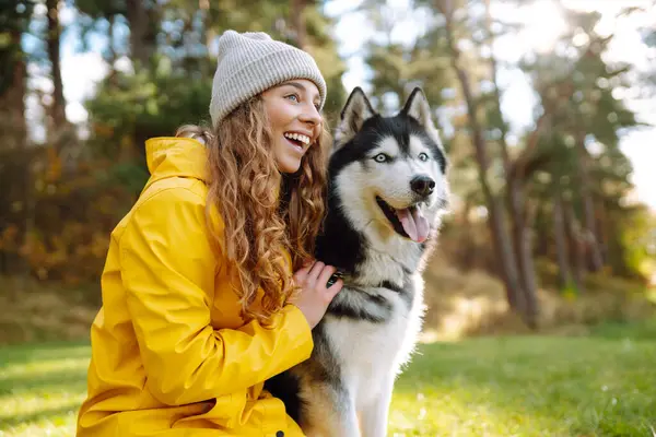 Young Woman Walks Her Dog Autumn Forest Husky Dog Pet Imagens Royalty-Free