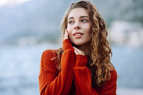 Portrait Beautiful Curly Woman Outdoor Cold Weather Concept Lifestyle Fashion Stock Image
