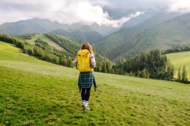 Yürüyüşçü vadideki yeşil bir vadide dağ manzarası seyrediyor. Seyahat, doğa konsepti..