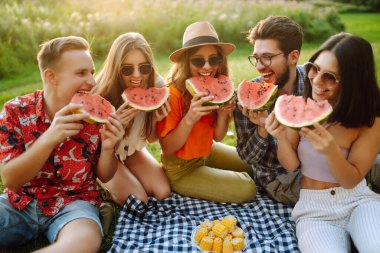 Parkta otururken meyve yiyen neşeli arkadaşlar. Gençler yaz tatilinde eğleniyor. Gıda, seyahat, doğa ve piknik konsepti