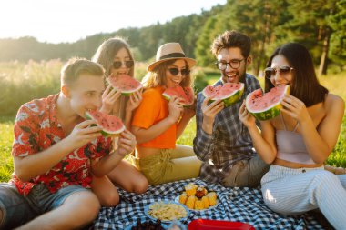 Parkta otururken meyve yiyen neşeli arkadaşlar. Gençler yaz tatilinde eğleniyor. Gıda, seyahat, doğa ve piknik konsepti