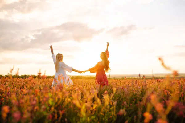 Zwei Schöne Frauen Blühenden Feld Bei Sonnenuntergang Natur Urlaub Entspannung Stockbild