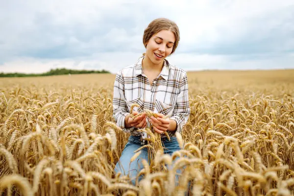 Weizenqualitätsprüfung Bäuerin Mit Ähren Einem Weizenfeld Ernten Agrarwirtschaft Gartenkonzept Stockbild
