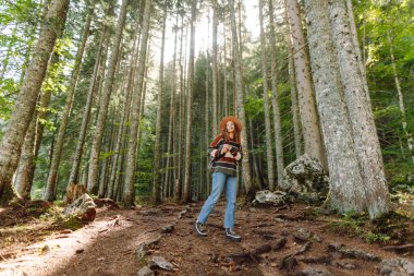 Sırt çantalı genç bir gezgin uzun kozalaklı ağaçlarla ormanda duruyor, doğanın tadını çıkarıyor. Hafta sonu, turizm. 