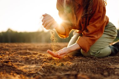 Çiftçi kadın ekmeden önce toprak kalitesini kontrol ediyor. Tarım, bahçıvanlık veya ekoloji kavramı.