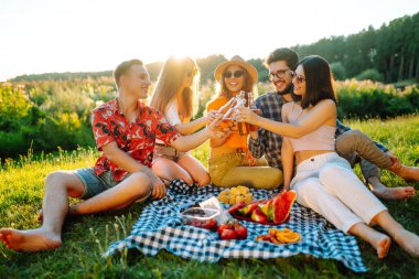 Parkta piknik yapan mutlu genç arkadaşlar. Bira içerken eğlenen bir grup genç, güneşli günün tadını çıkarın. Tatil, hafta sonu, arkadaşlık ya da tatil konsepti. 