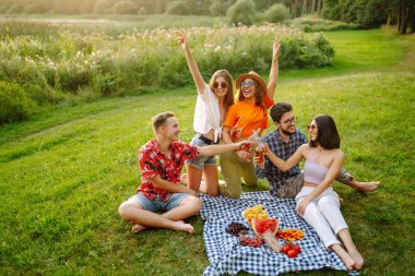 Parkta piknik yapan mutlu genç arkadaşlar. Bira içerken eğlenen bir grup genç, güneşli günün tadını çıkarın. Tatil, hafta sonu, arkadaşlık ya da tatil konsepti. 
