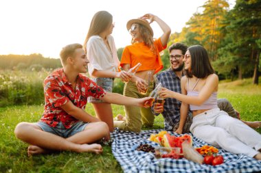 Parkta piknik yapan mutlu genç arkadaşlar. Bira içerken eğlenen bir grup genç, güneşli günün tadını çıkarın. Tatil, hafta sonu, arkadaşlık ya da tatil konsepti. 