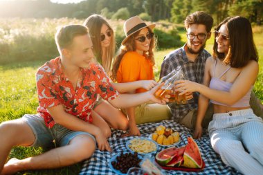 Parkta piknik yapan mutlu genç arkadaşlar. Bira içerken eğlenen bir grup genç, güneşli günün tadını çıkarın. Tatil, hafta sonu, arkadaşlık ya da tatil konsepti. 