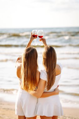 Şarap içen arkadaşlar denizde piknikte içki içiyorlar. Tatil, rahatla, bekarlığa veda partisi.