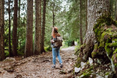 Sırt çantalı genç bir gezgin ulusal parkta ya da ormanda yürüyor. Doğa yürüyüşü, dinlenme ve spor.