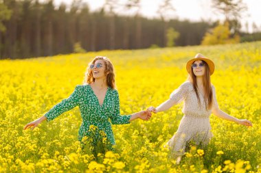 Çiçek açan bir tarlada iki güzel kadının portresi. Doğa, tatil, rahatlama ve yaşam tarzı. Yaz manzarası.