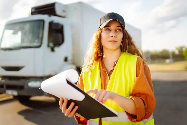 stock image Portrait of woman truck driver in casual clothes standing in front of truck vehicles. Transport industry theme. Business.