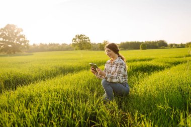 Akıllı çiftlik. Çavdar tarlasında tablet bilgisayar kullanan kadın çiftçi, tarım üretiminde elektronik, teknoloji ve mobil uygulamalar kullanarak modern akıllı tarım kavramı.