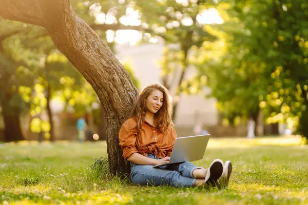 Çimlerin üzerinde oturan genç bir kadın şehir parkındaki bilgisayarla dışarıda çimlerin üzerinde çalışıyor. Mobil Ofis. Serbest ticaret kavramı