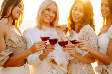 Gülümseyen genç kadınlar kadeh tokuşturup birlikte vakit geçiriyorlar. Kumsalda kızlar partisi. Piknik, tatil, dinlenme, tatil.