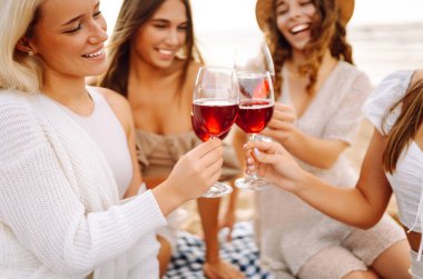 Gülümseyen genç kadınlar kadeh tokuşturup birlikte vakit geçiriyorlar. Kumsalda kızlar partisi. Piknik, tatil, dinlenme, tatil.