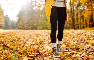 Parktaki sonbahar yaprakları üzerinde yürüyüş botlarıyla kadın bacaklarının yakın çekimi. Seyahat ve yürüyüş. Sonbahar havası.