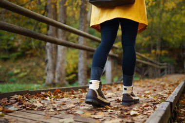 Açık havada yürüyüş ayakkabılarıyla yürümek. Güneşli bir sonbahar parkında yaprakların arasında dağlık bir alanda yürüyüş botlarıyla ayakların yakın çekimi..