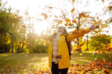 Elleri havada gülümseyen genç bir kadın ormandaki sonbahar yapraklarını fırlatıyor. Güzel bir yer. Rahatlama, eğlence, doğa ile yalnızlık kavramı..