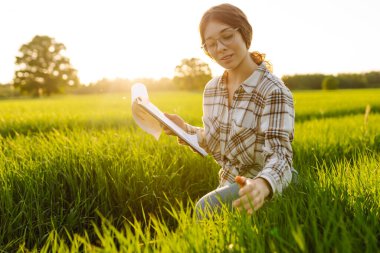 Kadın çiftçi araştırmacı, veriyi artırmanın yollarını analiz etmek için tarladaki yeşil filizli bitkileri toplamak için bir defter kullanıyor. Tarım teknolojisi