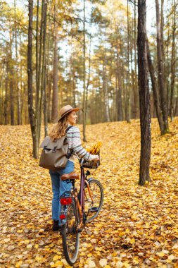 Altın sonbahar parkında bisiklet süren mutlu kadın turist. Aktif yaşam tarzı. Sakinlik ve sükunet. Doğanın tadını çıkar.