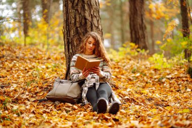 Genç bir kadın renkli yaprakların üzerinde otururken bir kitaba dalmış, sessiz bir anın tadını çıkarıyor. - Evet. Eğitim. Doğadan zevk alma kavramı.