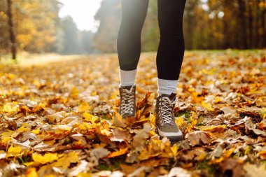 Botları kapatın. Bir insan, canlı sonbahar yapraklarıyla kaplı bir yolda yürüyor, ağaçlarla çevrili, güneşli bir günün tadını çıkarıyor. Boş zamanlardaki sağlıklı yaşam tarzı.