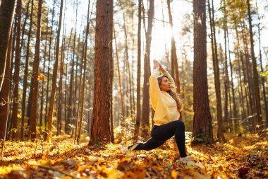 Bir kadın, sonbaharda yapraklar ve uzun ağaçlarla çevrili güneşli bir ormanda yoga yapıyor. Heather yaşam tarzı.