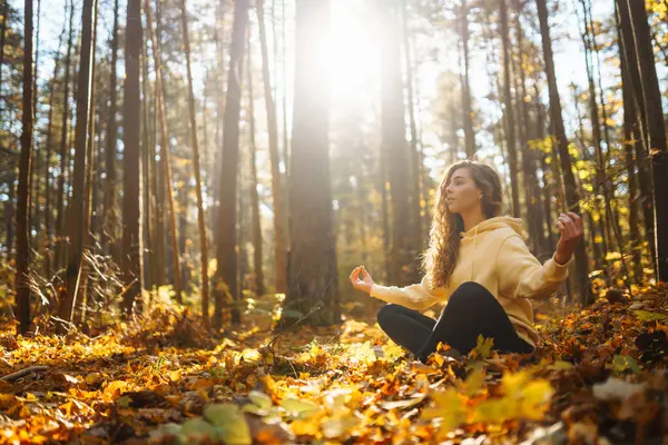 Bir kadın, sonbaharda yapraklar ve uzun ağaçlarla çevrili güneşli bir ormanda yoga yapıyor. Heather yaşam tarzı.