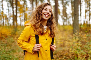Sarı yağmurluklu genç bir kadın güneşli bir öğleden sonra yürüyüşü sırasında renkli yeşilliklerle dolu canlı bir sonbahar ormanını keşfediyor. Sonbahar manzarası.