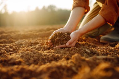 Genç bir çiftçi gün batımında yerde diz çöker, doğayla olan bağlantısını vurgulayarak, bir avuç karanlık ve bereketli toprağı besler. Bahçıvanlık ve ekoloji kavramı.