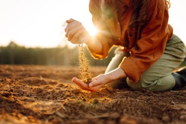 Genç bir çiftçi gün batımında yerde diz çöker, doğayla olan bağlantısını vurgulayarak, bir avuç karanlık ve bereketli toprağı besler. Bahçıvanlık ve ekoloji kavramı.