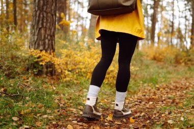 Canlı bir orman ortamındaki renkli yapraklarla çevrili sağlam çizmelerle sonbahar patikalarını keşfediyorum. Ormanda güzel bir sonbahar gününün tadını çıkarıyorum..