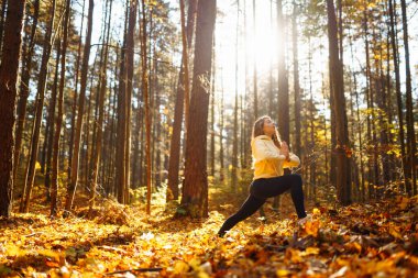 Huzurlu bir kadın, sonbahar yapraklarıyla çevrili güneşli bir ormanda yoga meditasyonu yapıyor. Yaşam tarzı ve meditasyon konsepti.