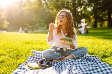 Parkta güneşli bir günde yeşil çimlerle çevrili bir piknik battaniyesinde oturan bir kadın. Kavramsal piknik. Vejetaryen.