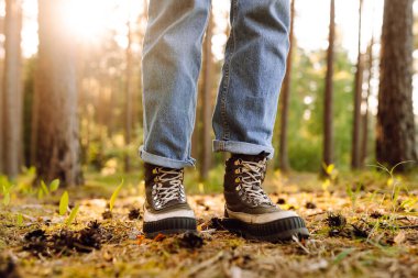 Yürüyüşçünün botları ormanda düşen portakal yapraklarından bir battaniyeye basıyor. Seyahat, yürüyüş..