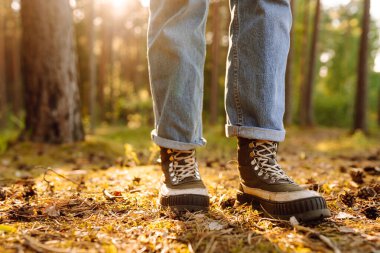 Yürüyüşçünün botları ormanda düşen portakal yapraklarından bir battaniyeye basıyor. Seyahat, yürüyüş..