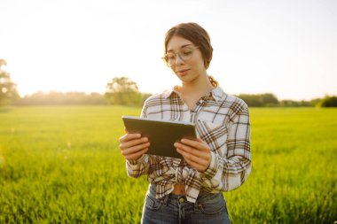 Kadın çiftçi yeşil alanda dijital tablette çalışıyor. Akıllı çiftlik. Tarım sektörü kavramı