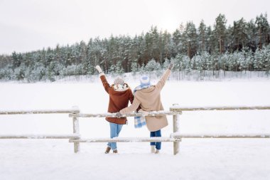 Mutlu arkadaşlar kış parkında oynarken eğleniyorlar. Arkadaşlar iletişim kurar ve doğanın tadını çıkarır.
